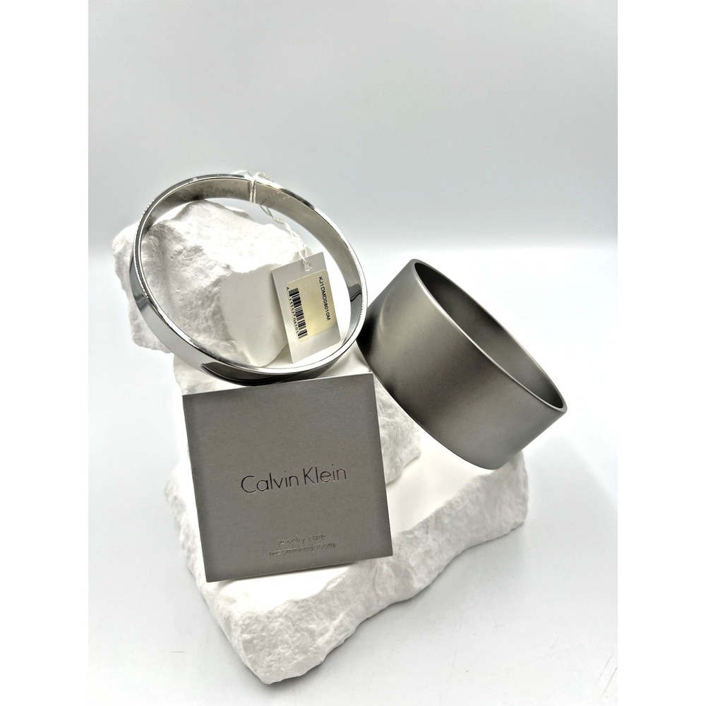 Calvin Klein Set of 2 Silver Toned Stainless Steel Bangle Bracelets Size M NWT